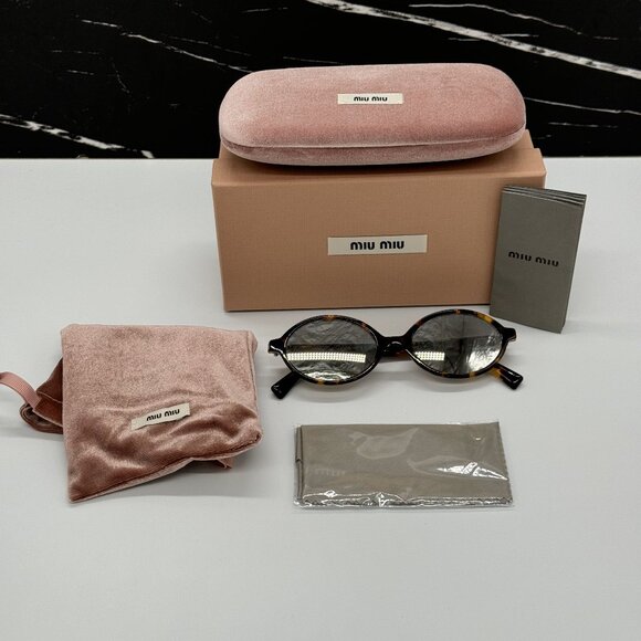 NEW MIU MIU MU04ZS OVAL HAVANA SILVER WOMEN SUNGLASSES MU04ZSF VAU07F